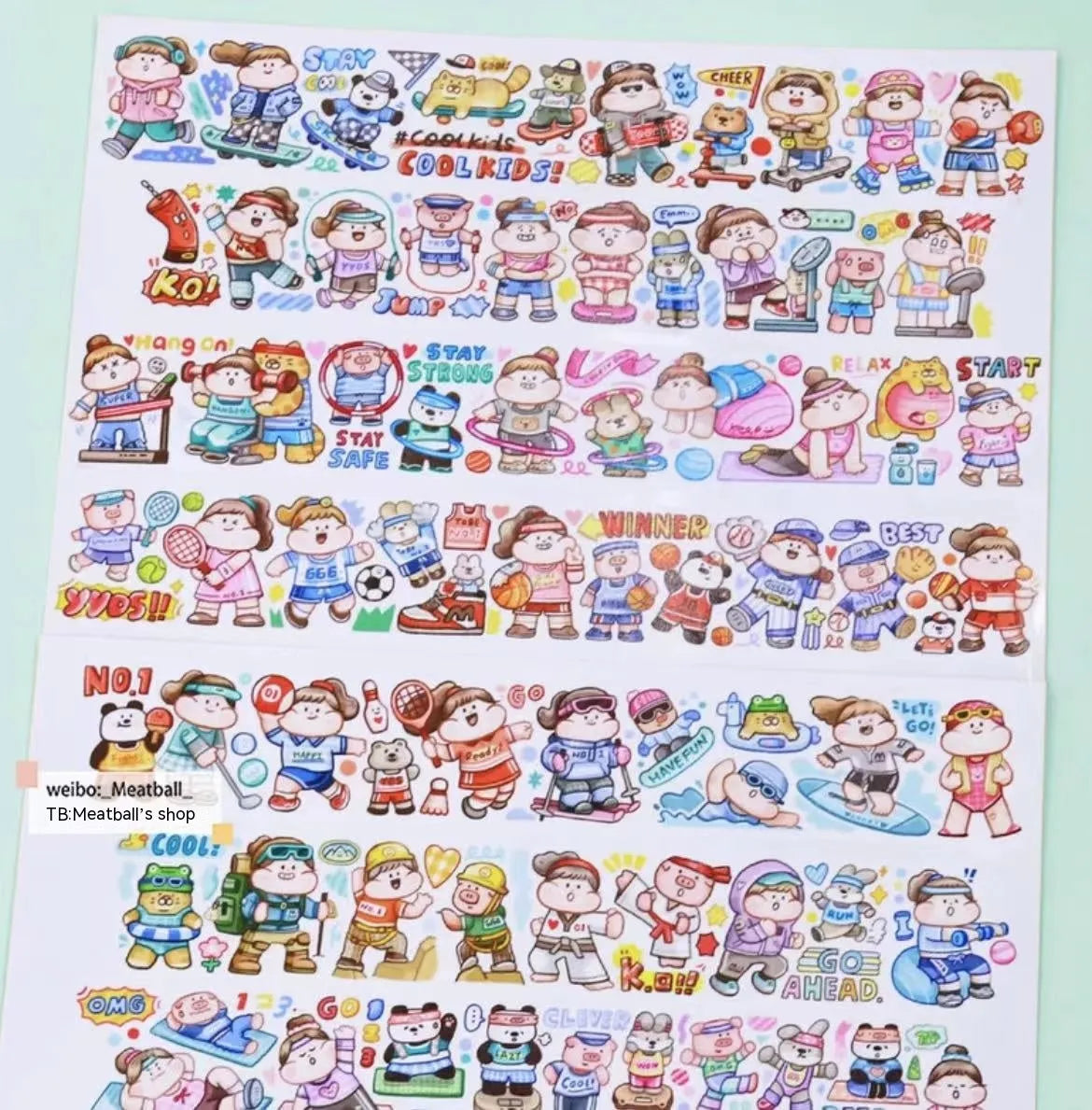 Sheet of cute cartoon character adhesive stickers printed on Japanese paper for medical packaging.