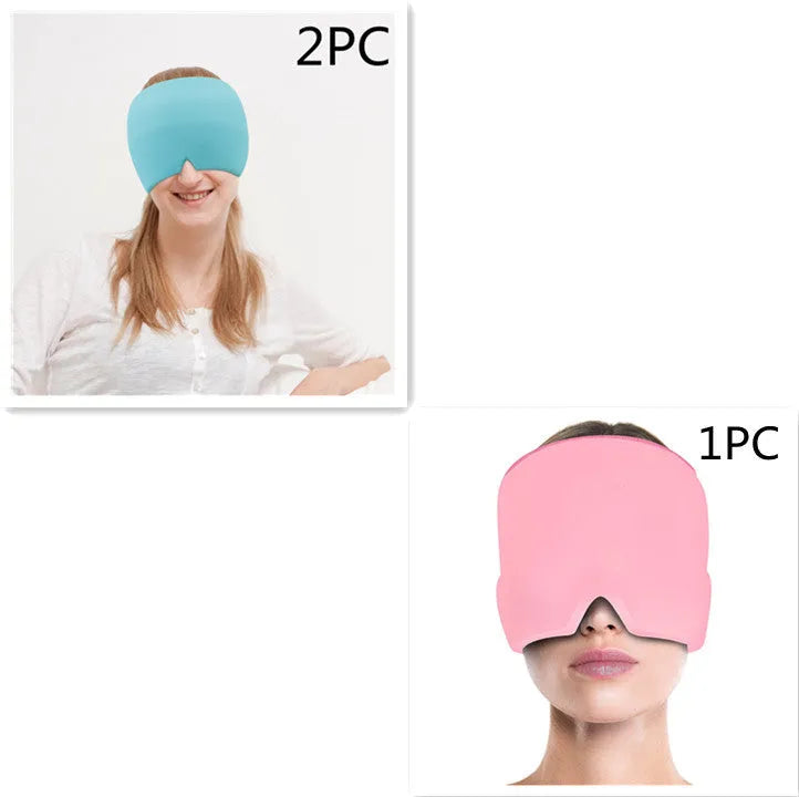 Black elastic ice gel headache relief eye mask shown on a mannequin head, adjustable for 42-66cm circumference.