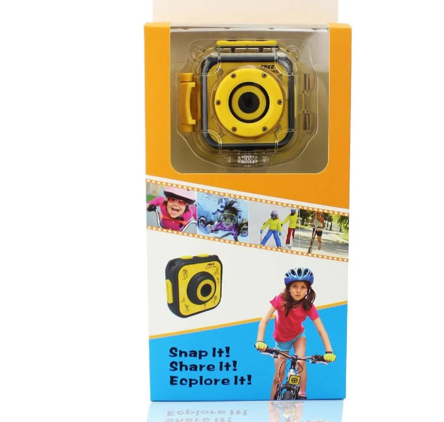 Yellow waterproof children's sports camera with 1.77-inch screen showing HD video recording capability