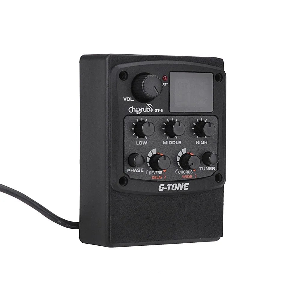 Black Cherub GT-6 acoustic guitar EQ pickup control unit with knobs for tone, volume, and effects.