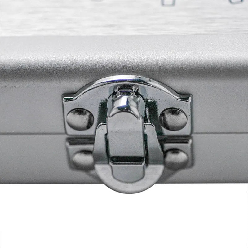 Silver aluminium storage box for TS100 soldering iron with dimensions 154x147x36mm