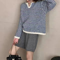Women's red and blue striped cashmere pullover sweater with loose retro style