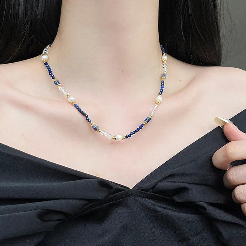 Women's Chinese retro natural stone pearl crystal necklace with adjustable chain, blue natural stone stringed pearls style