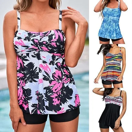 Printed split boxer swimsuit with polyester sleeveless top and matching pants in conservative briefs style, sizes S to 2XL