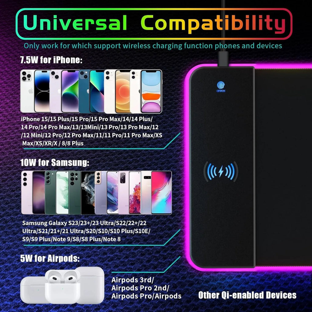 Pure black oversized RGB wireless charging mouse pad with cloth surface, non-slip rubber base, and 3mm thickness