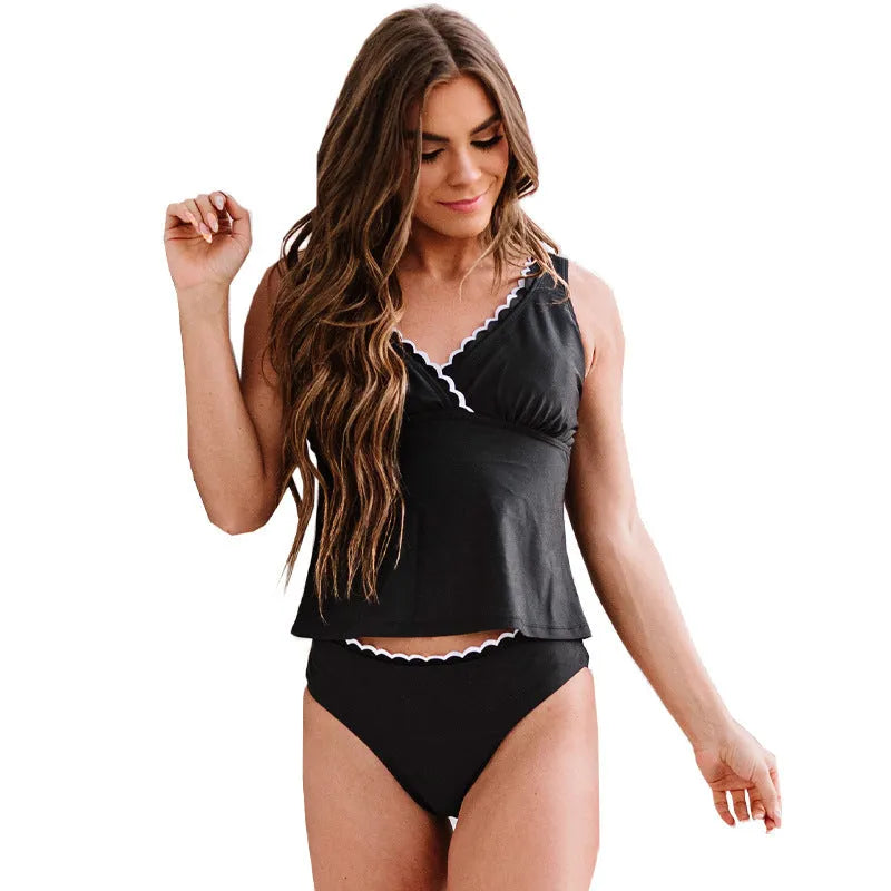 Solid black women's nylon bikini swimsuit set shown as complete one-piece set