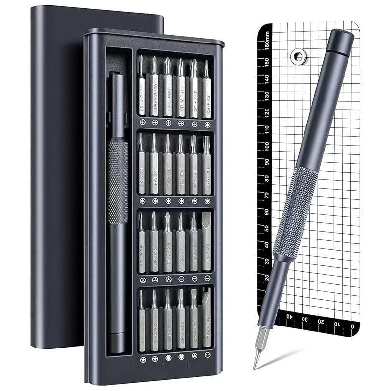 25-in-1 magnetic screwdriver set with chrome vanadium steel bits and black ABS handle.