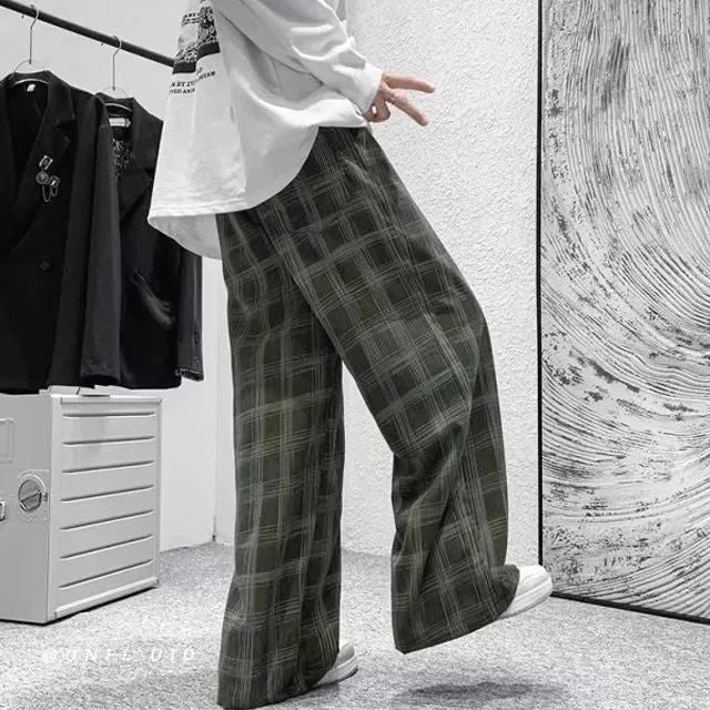 Black and green plaid Japanese retro loose trousers with straight-leg design