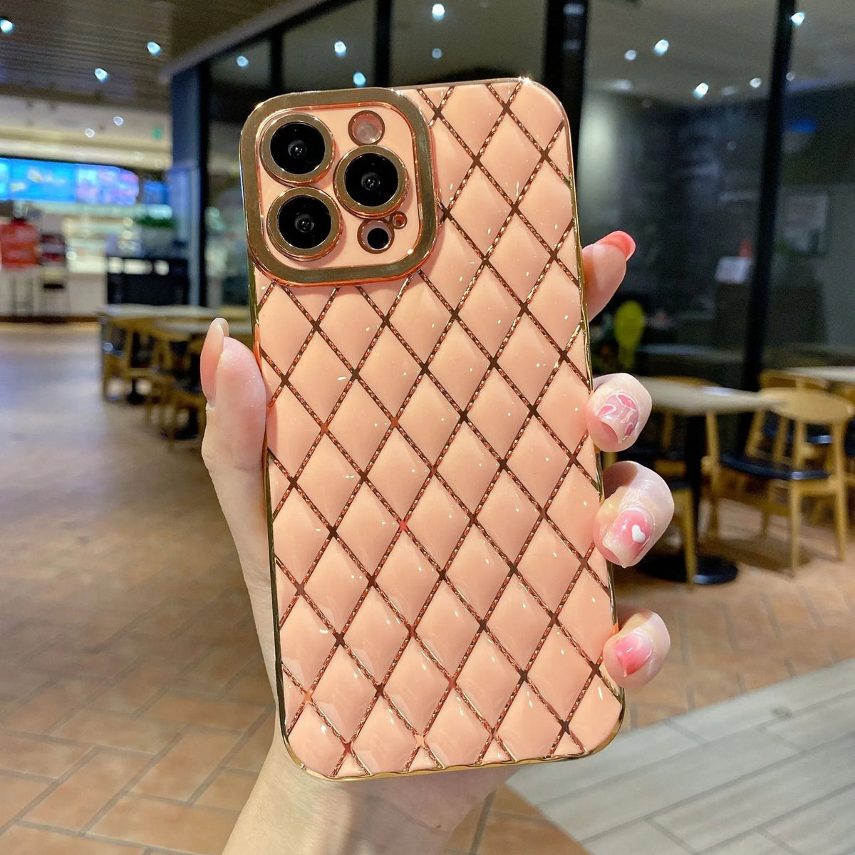 Electroplated 6D diamond TPU phone case back cover for compatible iPhone models in black, white, green, pink or purple.