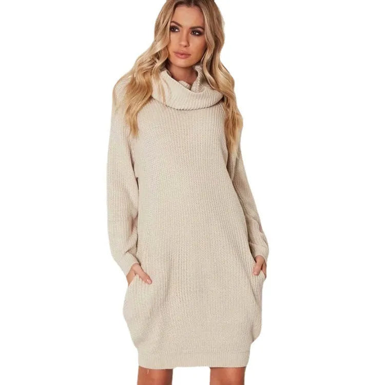 Women's lapel neck mid-length sweater with side pockets in loose slim fit available in yellow, black, and light apricot