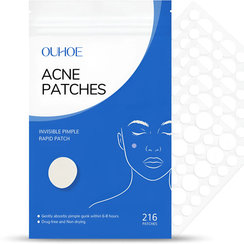 A pack of 216 clear hydrocolloid acne patches for spot treatment containing tea tree oil and vitamin E.