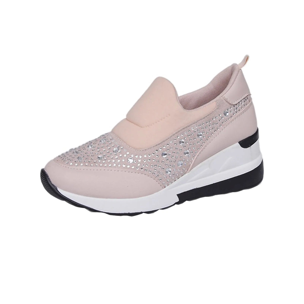 Women's rhinestone wedge shoes with hidden height increase, round toe PU upper, shown in black, pink, and white