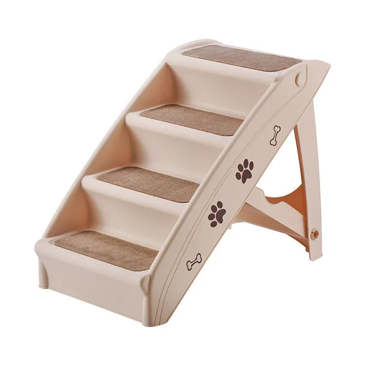 Foldable plastic pet ladder steps for small dogs and cats on a beige carpet.