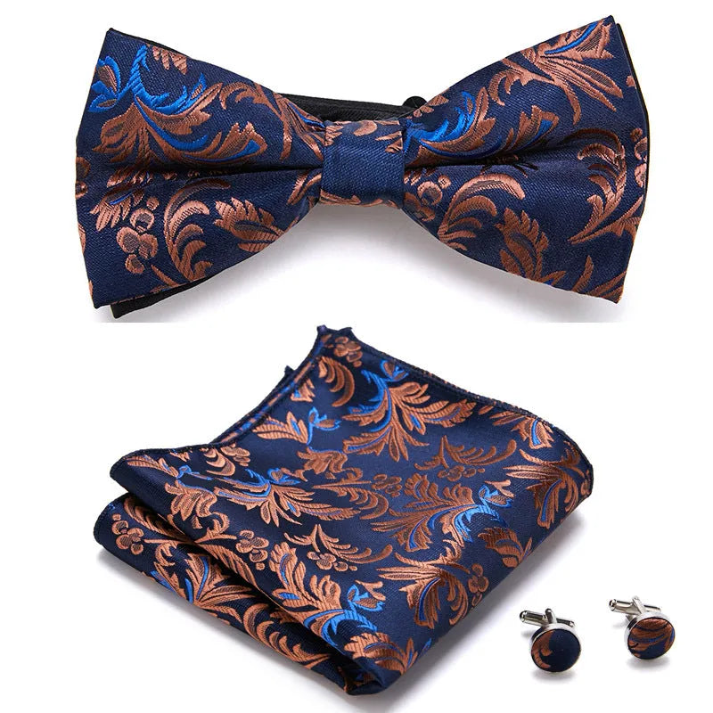 Floral Bow Tie Set of Three Pieces Polyester Yarn Hand-Sewn 12cm by 6cm Bow Tie with Matching Pocket Square 25x25cm and Cufflinks 1.5cm for Men's Formal Wedding and Party Accessories Multistyle Options