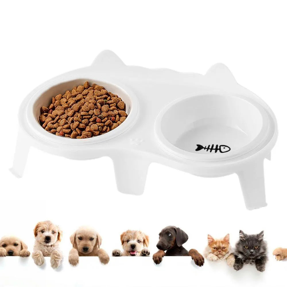 Ceramic cat food and water bowl set on elevated stand with storage hook in blue colour