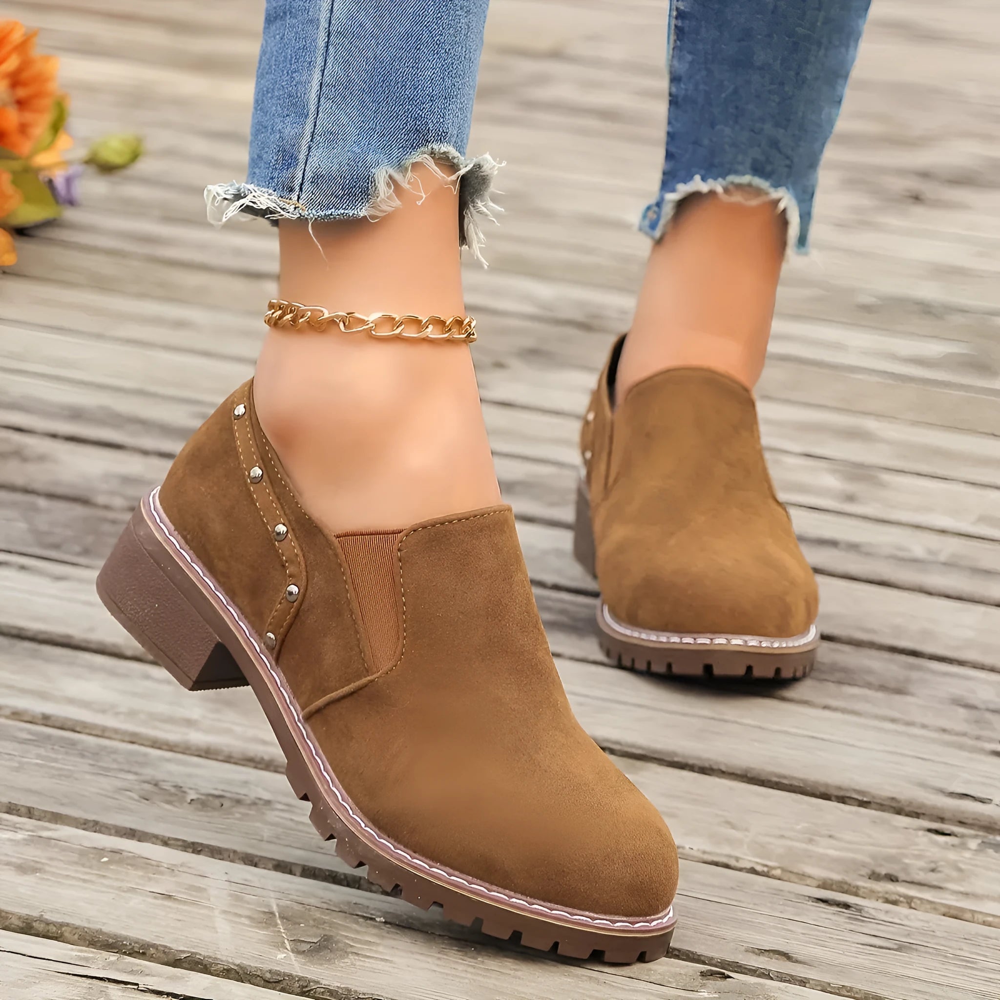 Plus size women's suede ankle boots with elastic band and chunky rubber sole in light brown