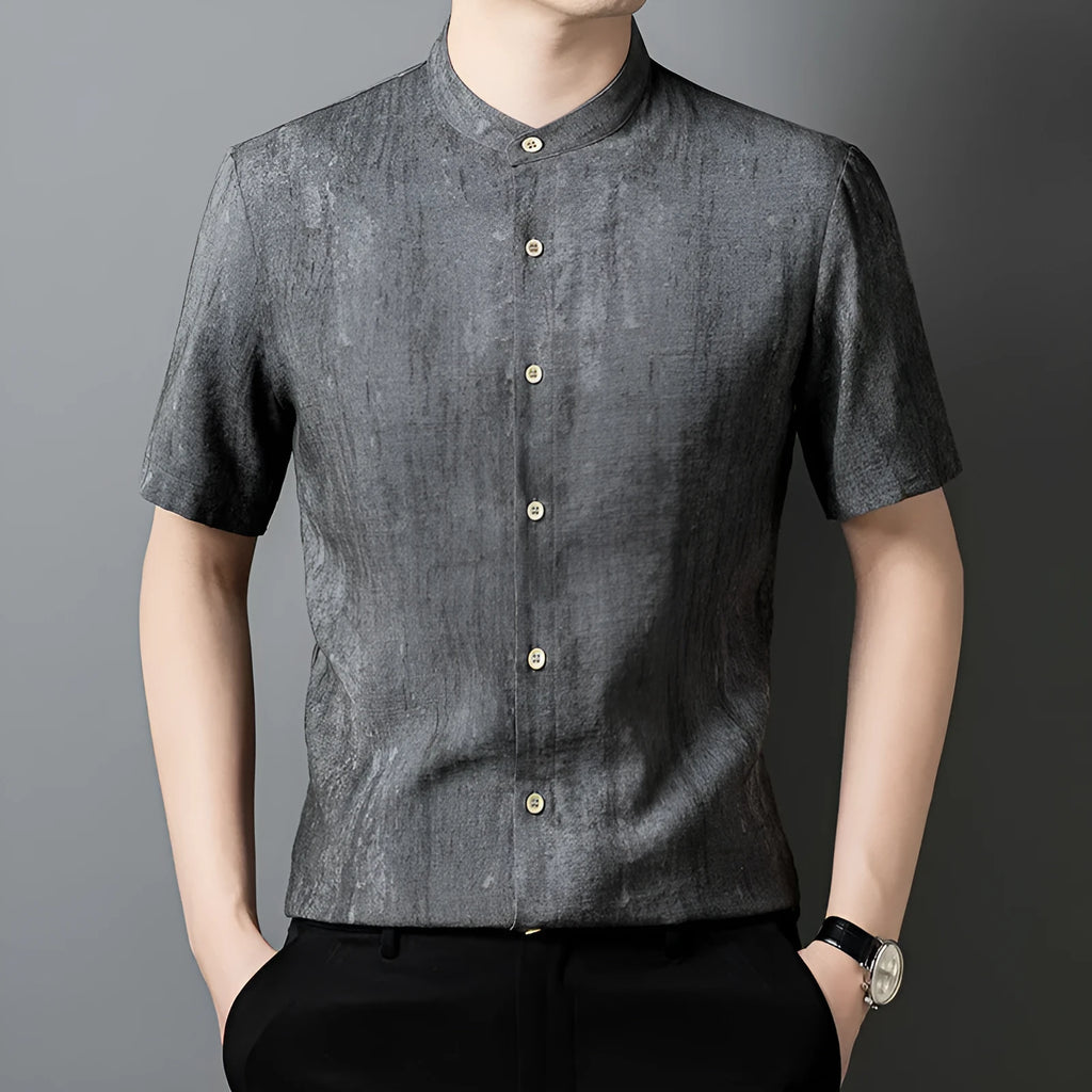 Men's loose fit linen cardigan shirt in grey colour with stand collar
