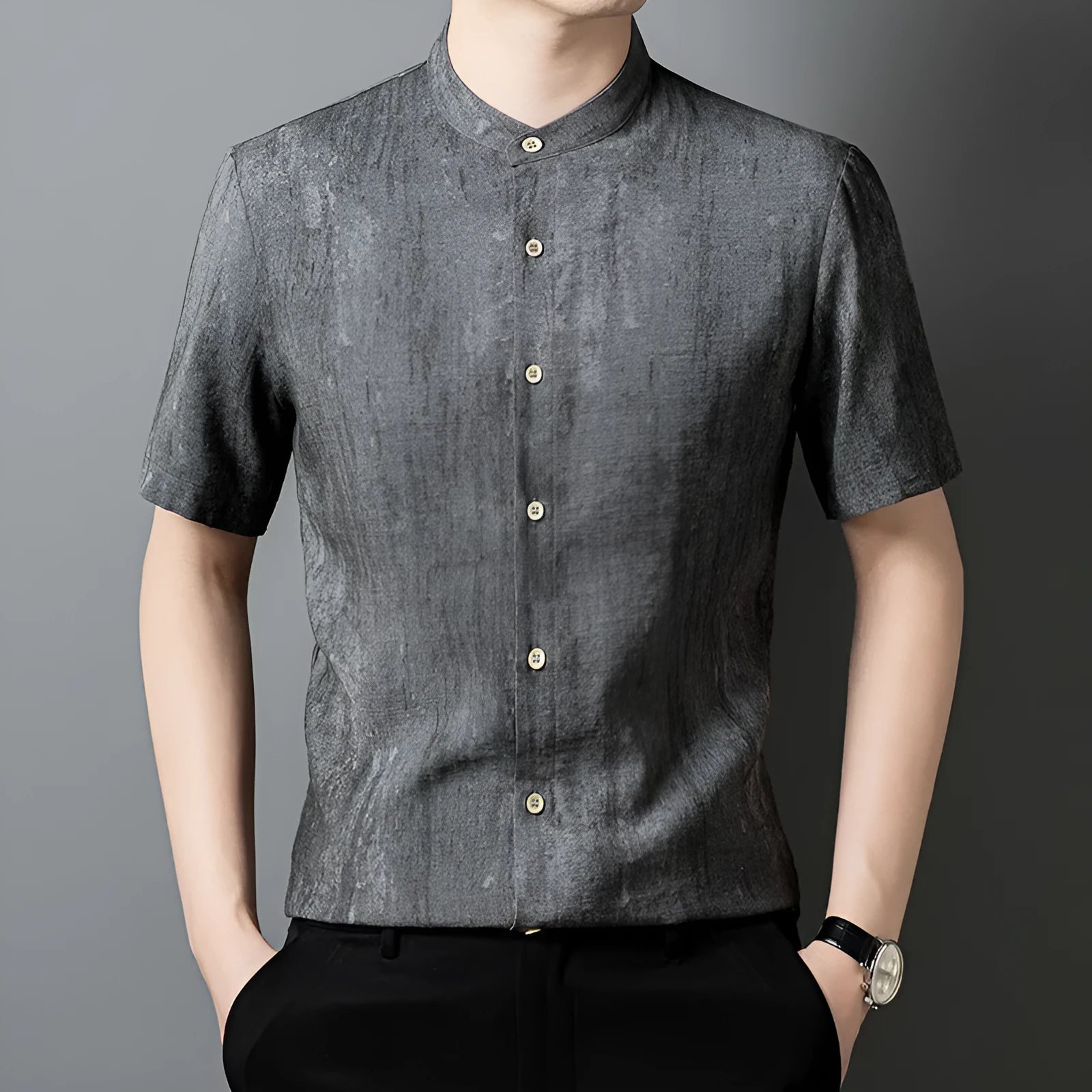 Men's loose fit linen cardigan shirt in grey colour with stand collar