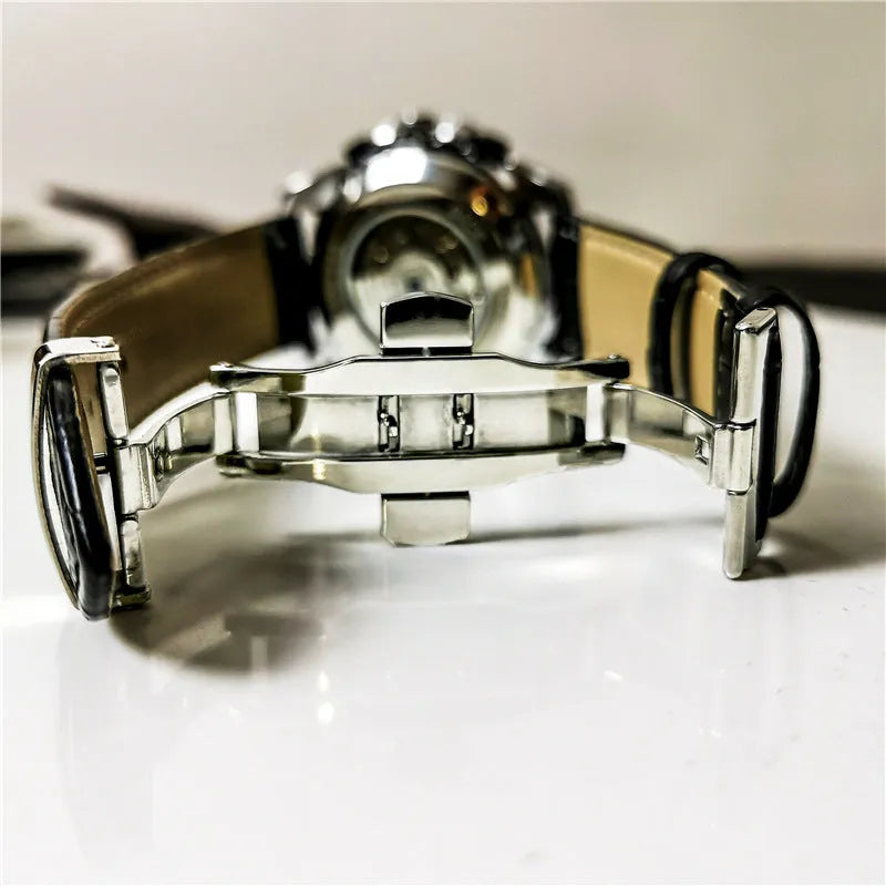 Men's automatic mechanical watch with stainless steel case in black, gold, or silver finish.
