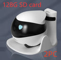 White smart home mobile surveillance robot camera on a charging dock.