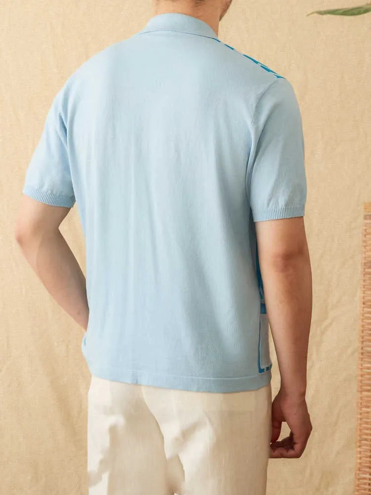 Short-sleeved striped cardigan polo shirt with a lapel collar in light blue, laid flat.