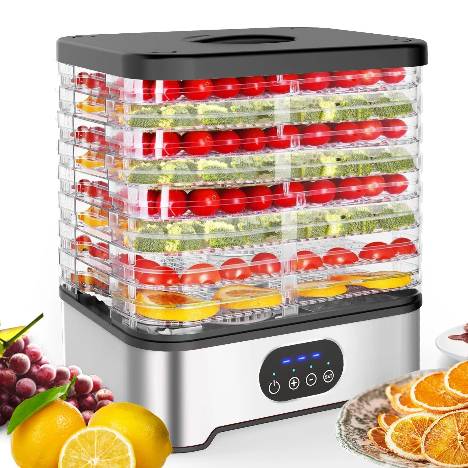 Silver household food dehydrator with 8 drying trays showing expanded height configuration