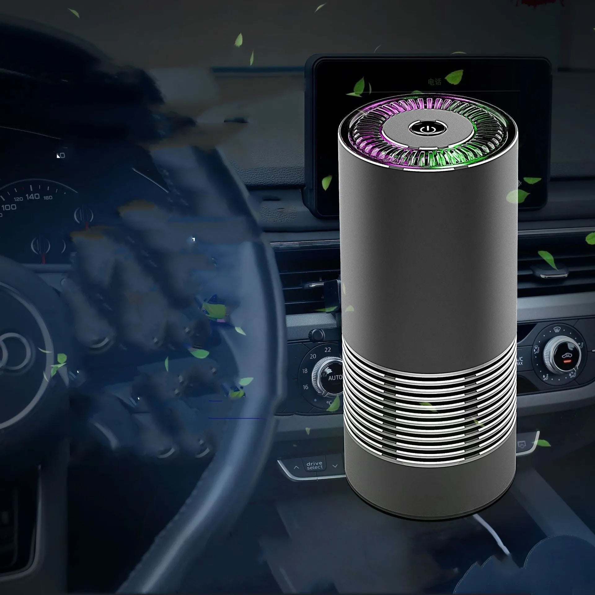 Wireless car air purifier in black, metallic grey, or silver colours, showing compact size for dashboard use.