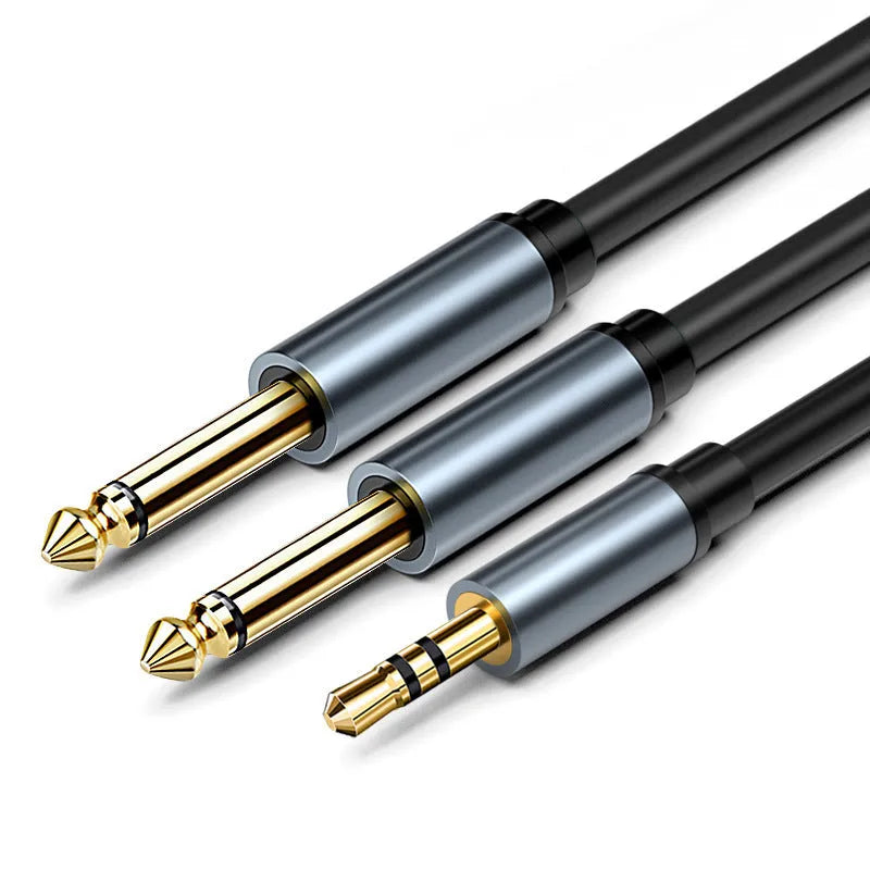 3.5mm to dual 6.5mm male audio cable with black PVC jacket and gold-plated connectors.