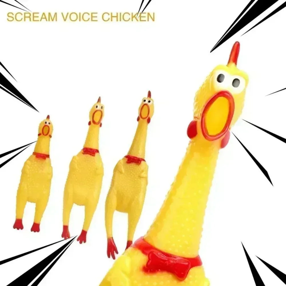 Yellow rubber squeaking chicken dog toy shown in three different sizes for pet play