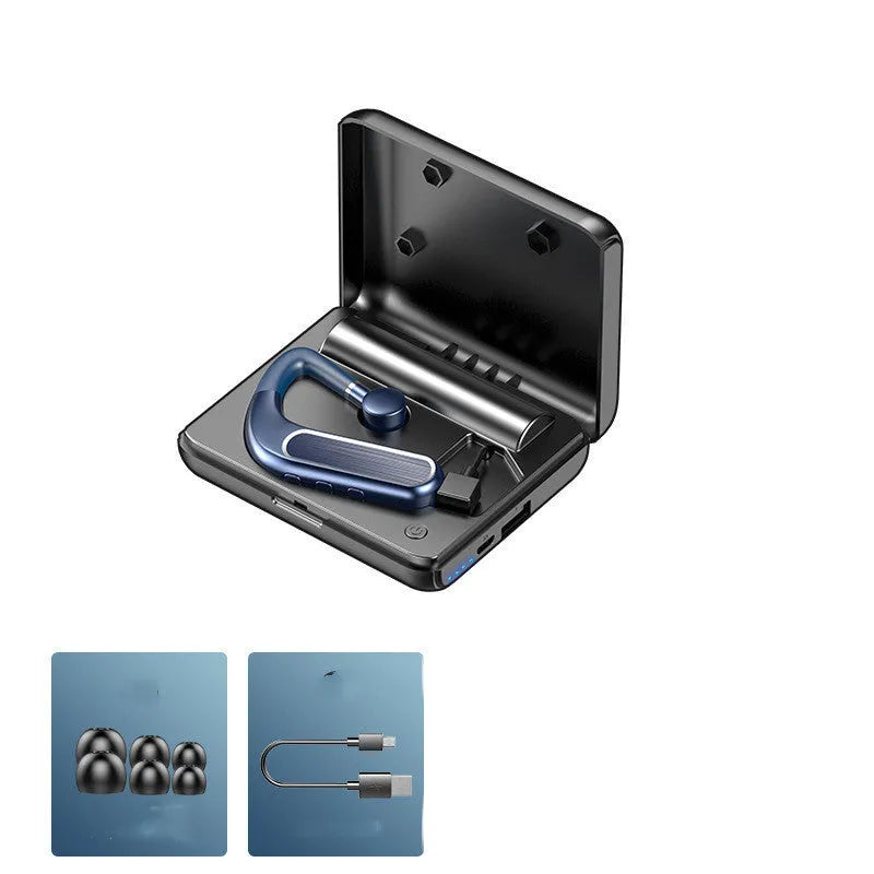 Black hanging-ear Bluetooth earphones with hook design, shown with charging case and spare ear caps.