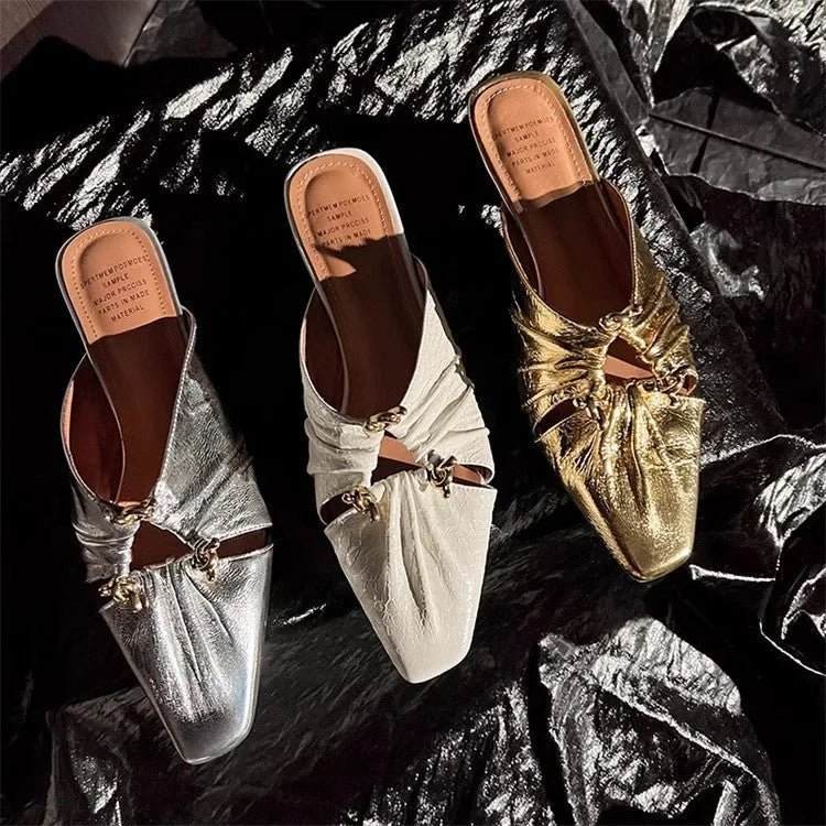 Genuine leather women's slippers with square toe cap and oversleeve design in gold colour