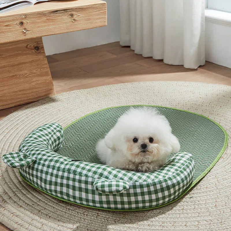 Green and yellow cooling mat for dogs and cats, shown in small, medium, large, and extra-large sizes.