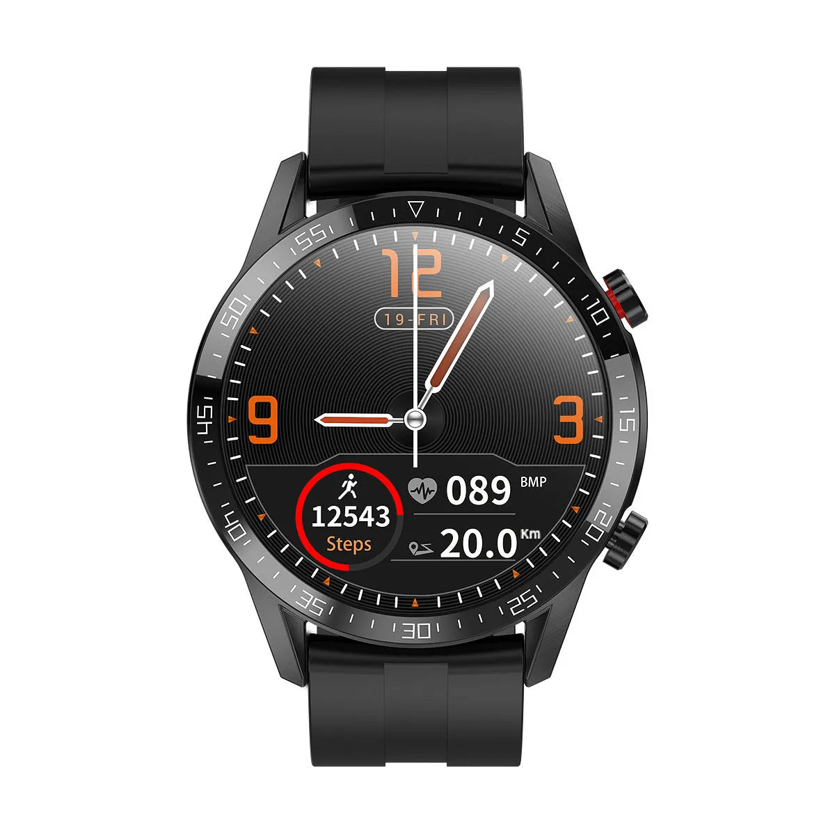 L13 heart rate smart watch on wrist with 1.3 inch screen showing step count and heart rate data