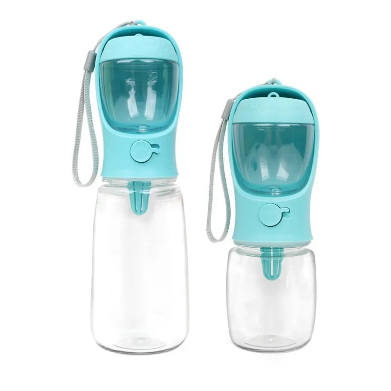 Blue portable two-in-one dog water cup showing bottle and attached drinking bowl