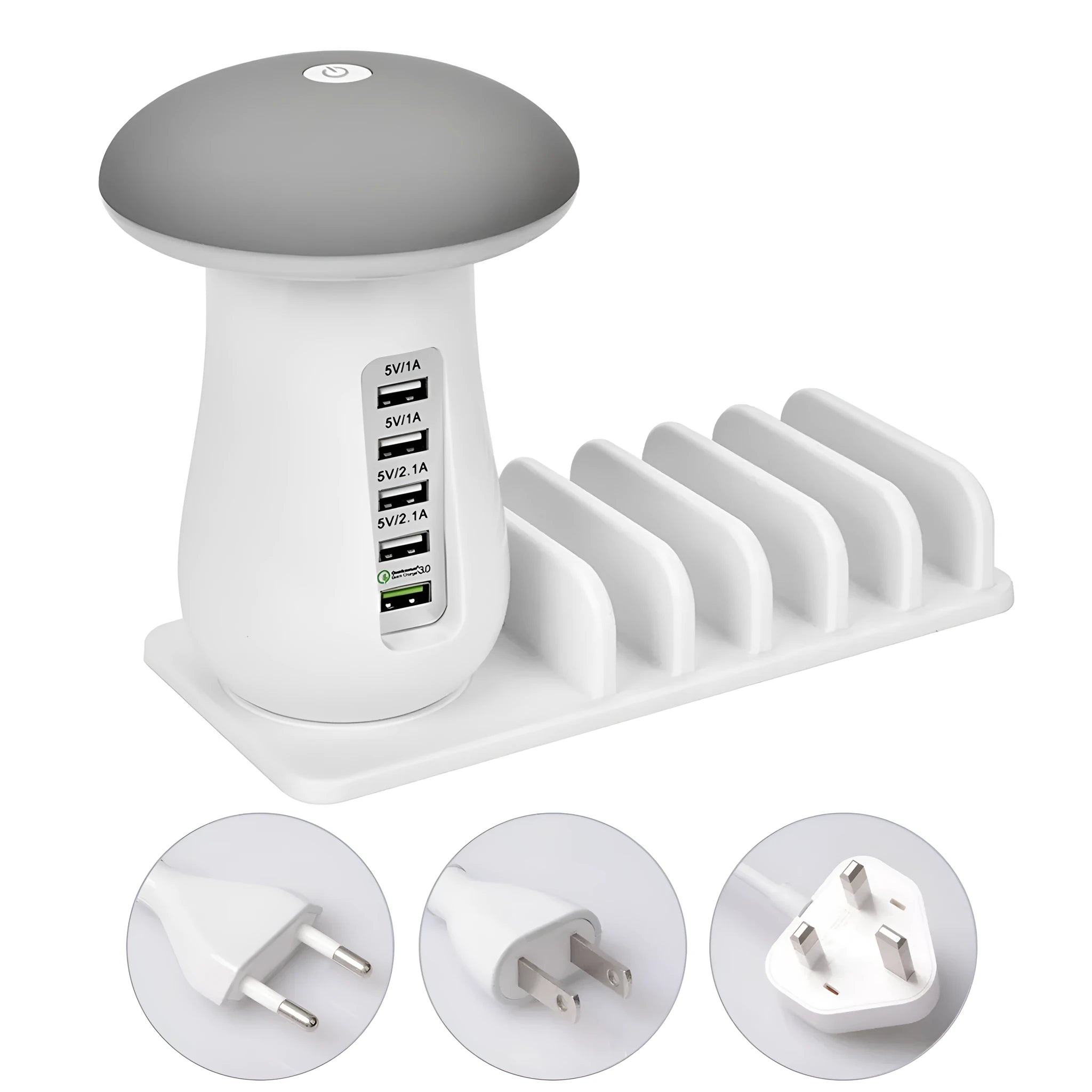 White mushroom-shaped USB charging dock station with five ports and integrated LED night light