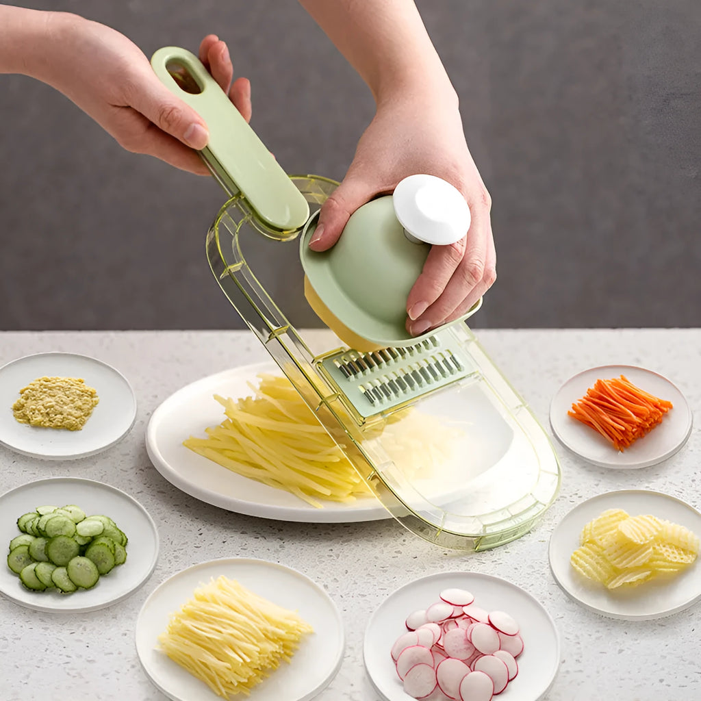 Multi-function hand rub vegetable slicer with PET board, 3 or 6 blades, Matcha Green or Clear Green, 34.6x11.4x1.8cm