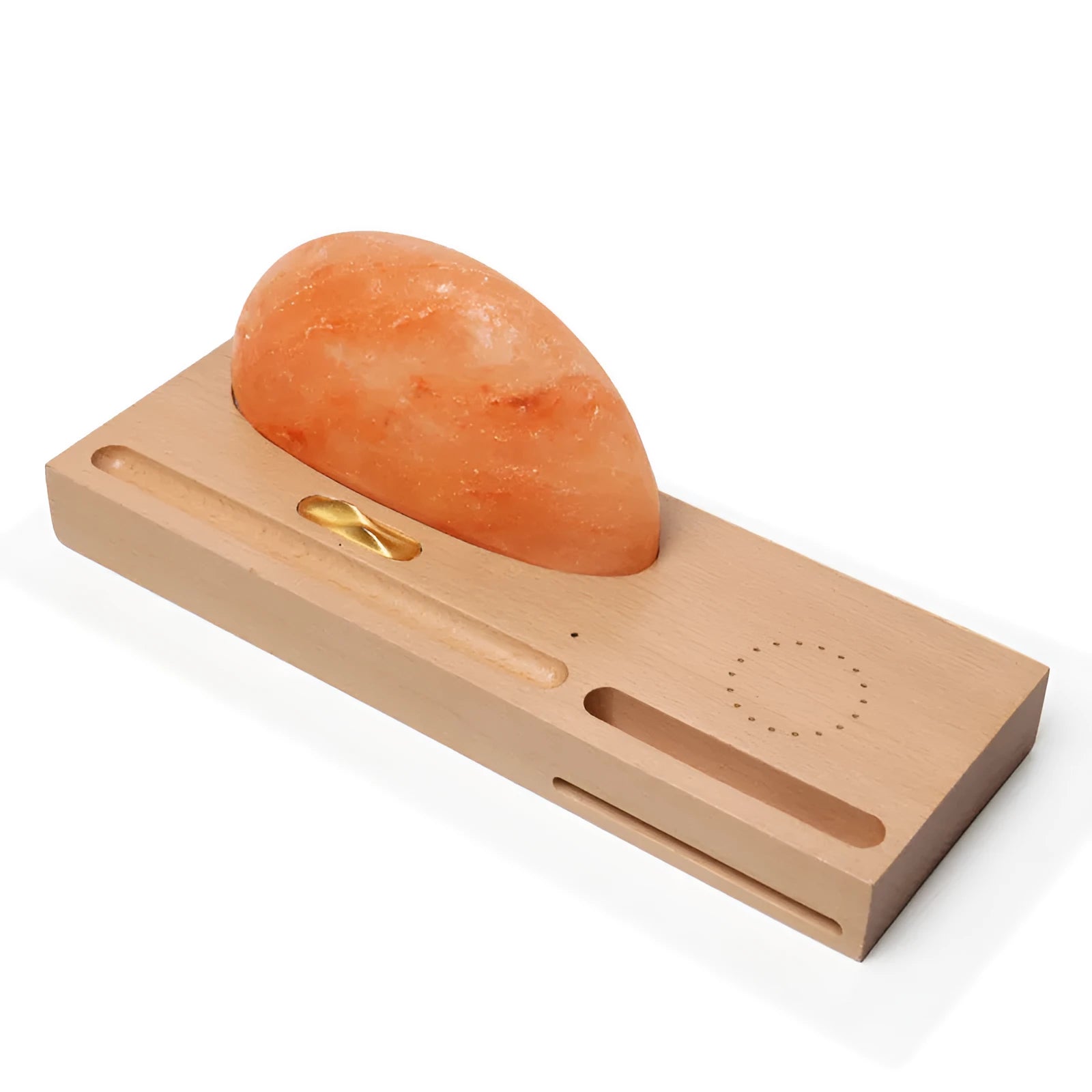 Sunrise Oriental wooden base salt lamp with integrated wireless phone charging pad and natural crystal salt shade.