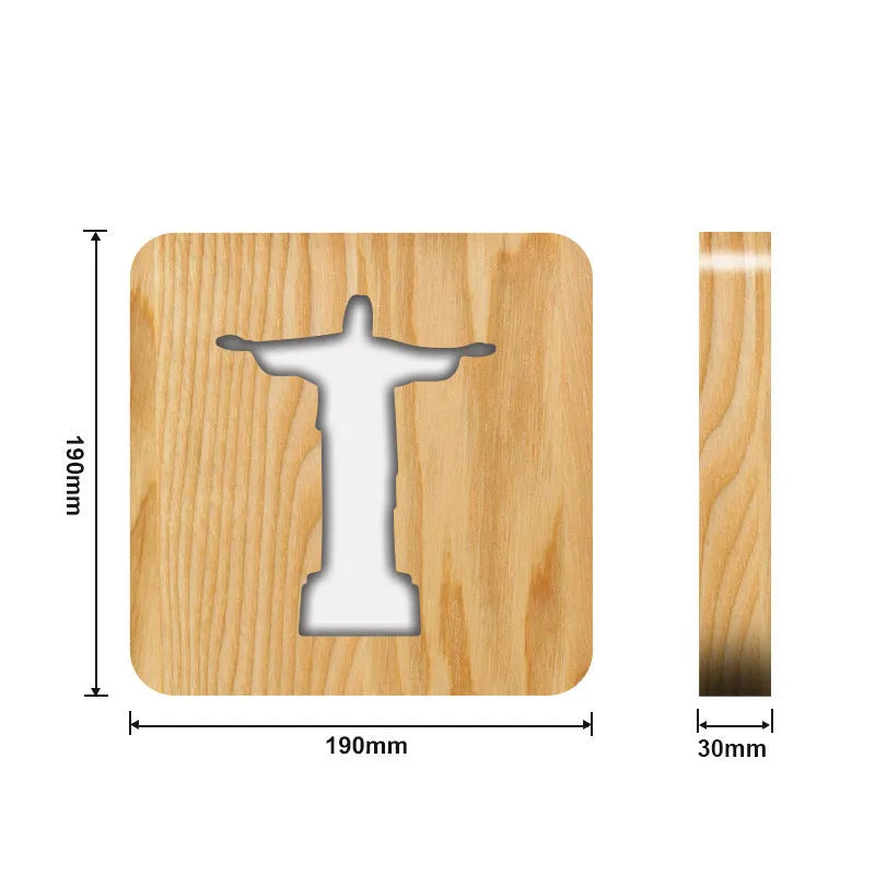 Solid wood hollow LED night lamp warm white with USB cable on wooden surface
