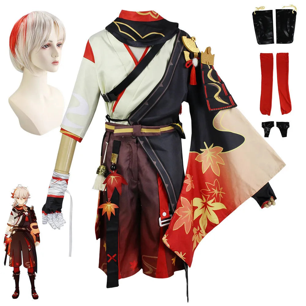 Halloween cosplay costume set with wig, coat, shorts, leggings, gloves, and accessories in cotton-polyester blend.