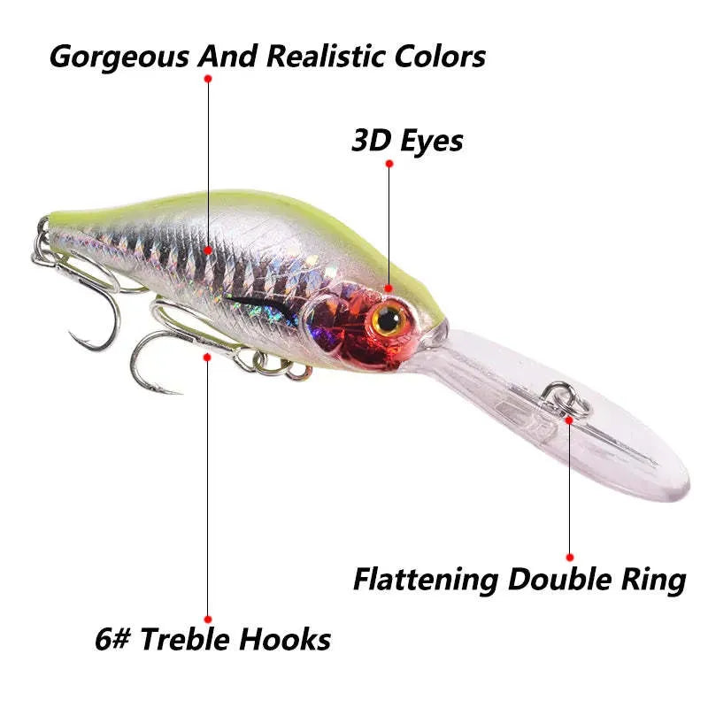 Deep diving long tongue mino fishing lure measuring 10.5cm with extended bill design