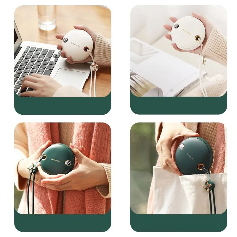 Green, pink, or white hand warmer power bank with digital display showing charge level