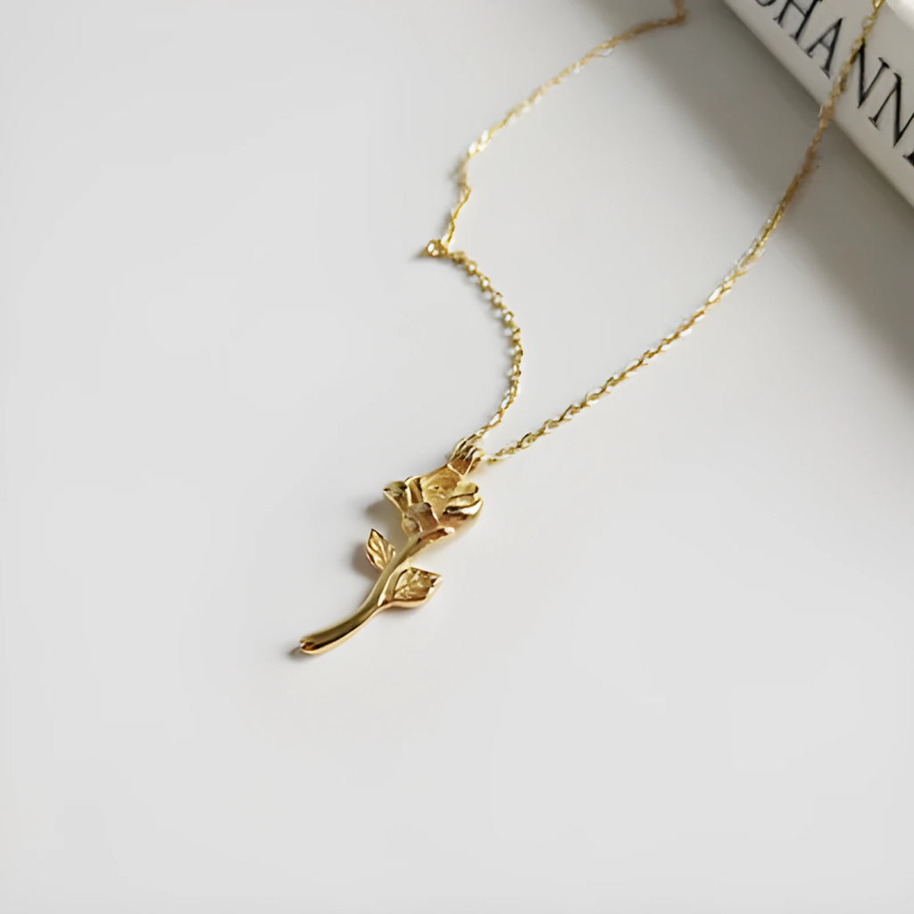 Rose gold necklace with 925 sterling silver gold finish and small rose flower geometric pendant for women