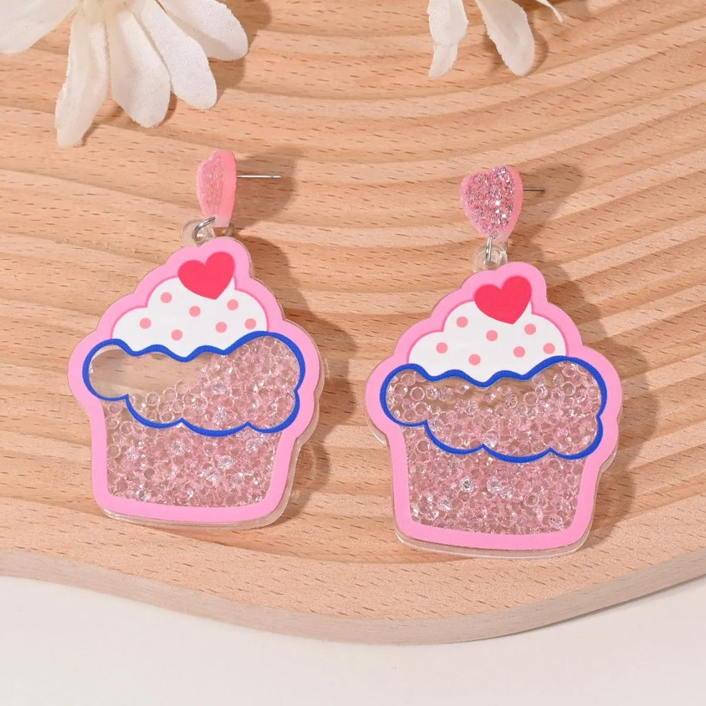 Colourful acrylic stud earrings with cherry, strawberry, watermelon, pineapple, coconut, cake, and ice cream designs.