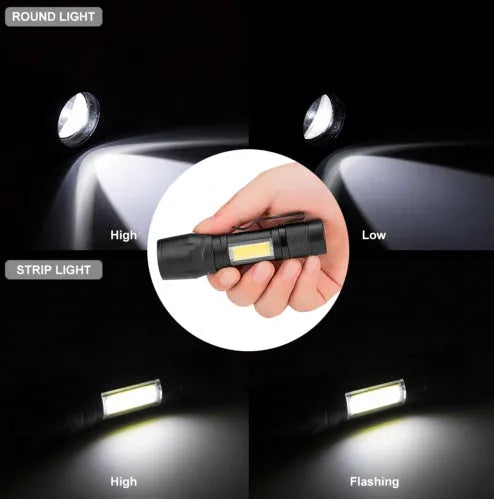 Black mini telescopic aluminum alloy LED flashlight with adjustable focus and clip.
