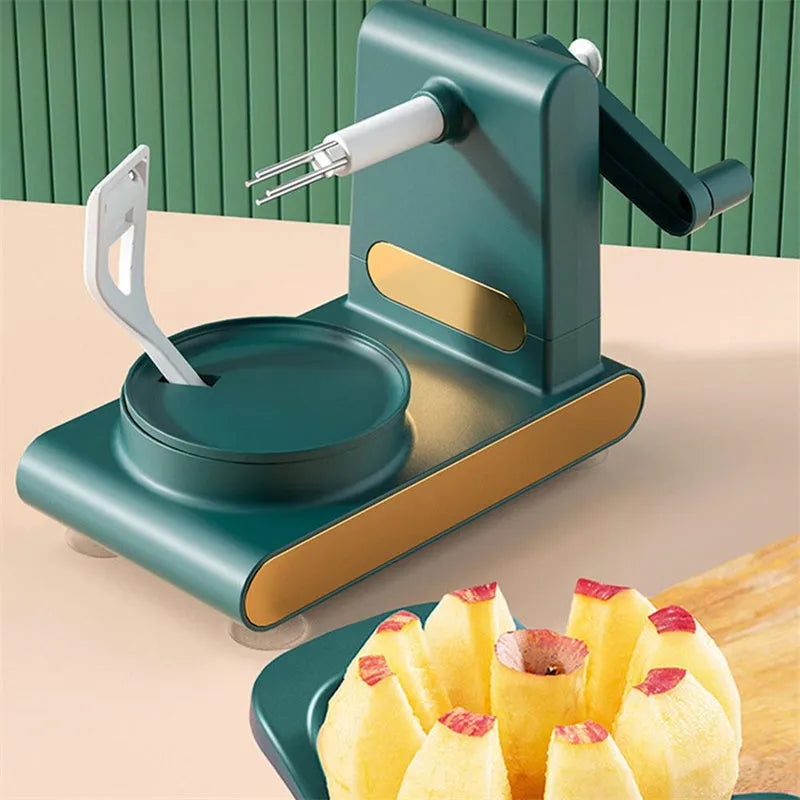 Hand-cranked peeler machine with suction base and fruit return button in light green, ABS plastic and metal