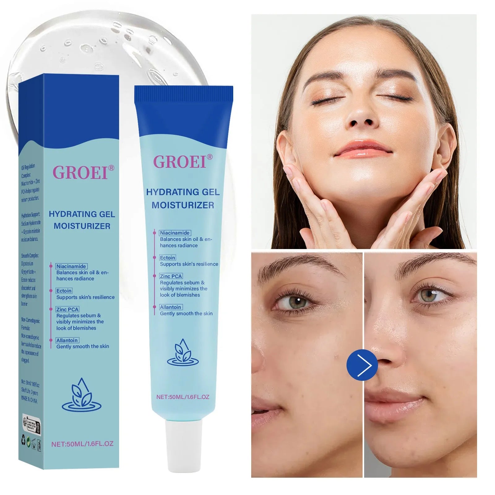 50ml moisturising facial gel with hyaluronic acid in packaging