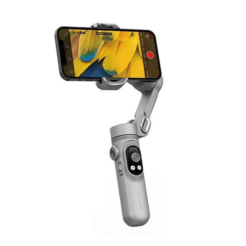 Pro Mobile PTZ Stabilizer in silver gray with three-axis anti-shake, ABS body, and phone clamp