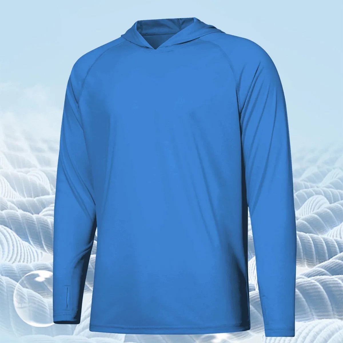 Outdoor long sleeve hooded top for UV protection during fishing and hiking.