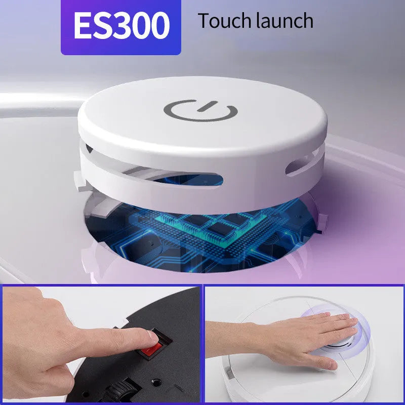 Automatic sweeping robot with circular ABS plastic body on a hardwood floor.