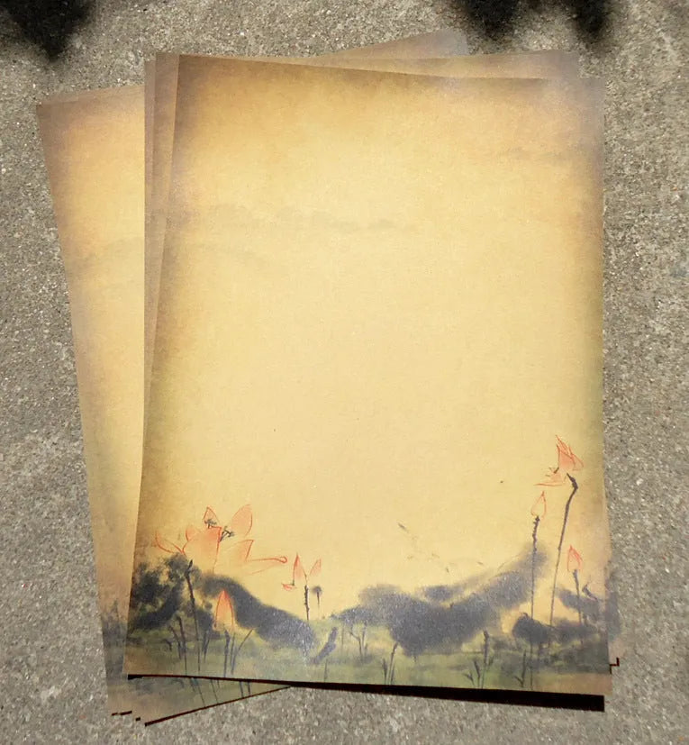 Kraft paper stationery set, 8 sheets, 265x188mm, pure wood pulp, lotus and mountain designs
